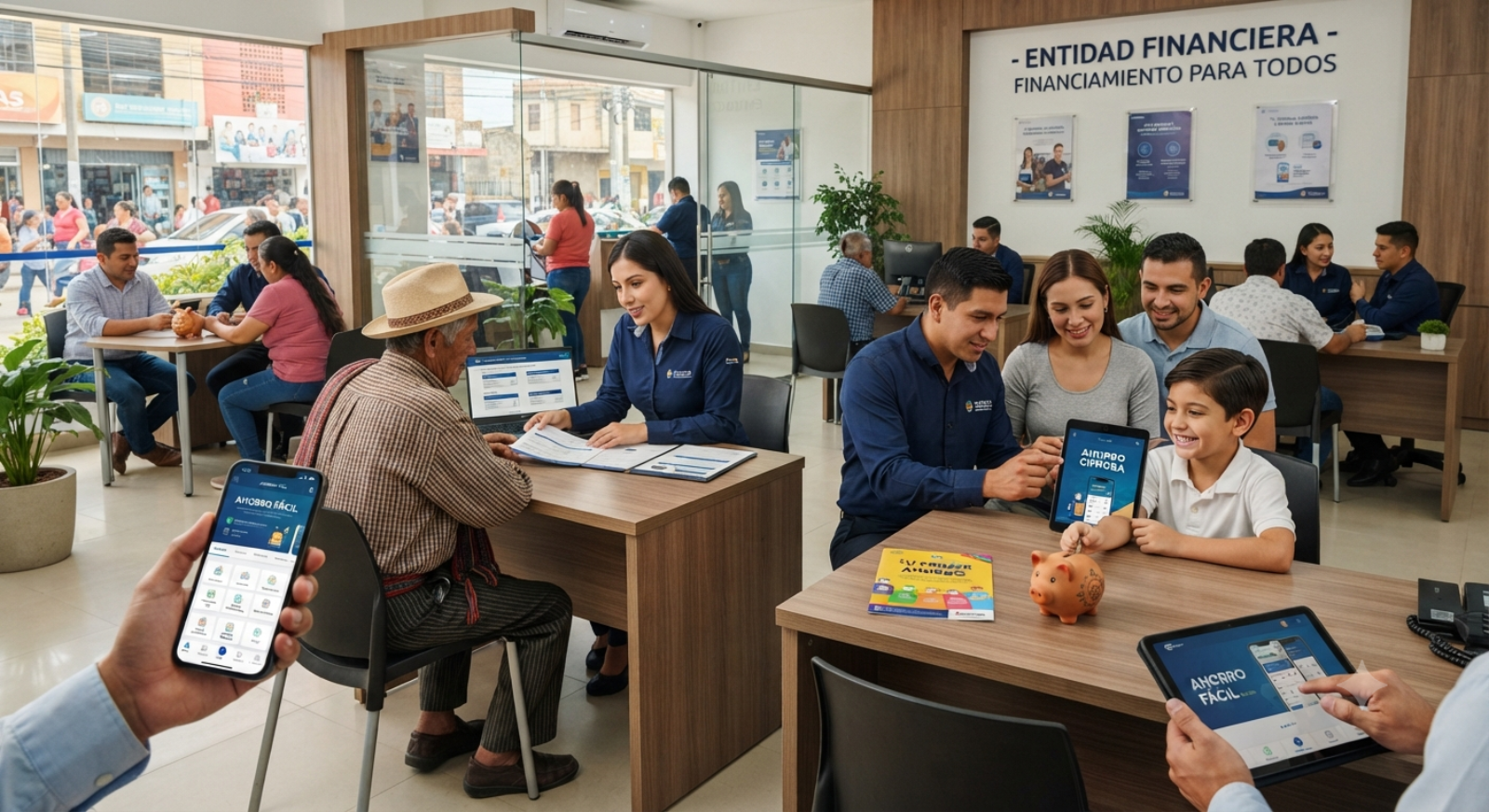 Sucursal urbana de una entidad financiera popular durante la atención a socios